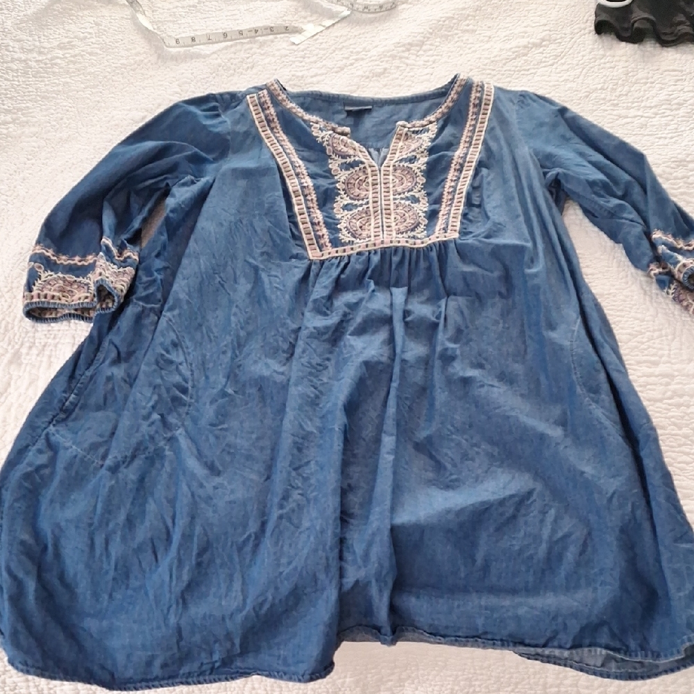 J Jill 2x Denim Pink Tan Dress Pockets